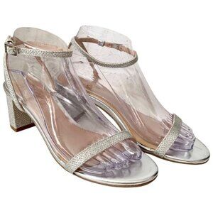 Jewel Badgley Mischka Silver Glitter Ankle Strap Block Heel Sandals 7.5 Dressy